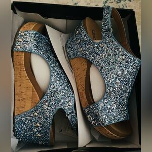 Blue Glitter Wedge Sandals